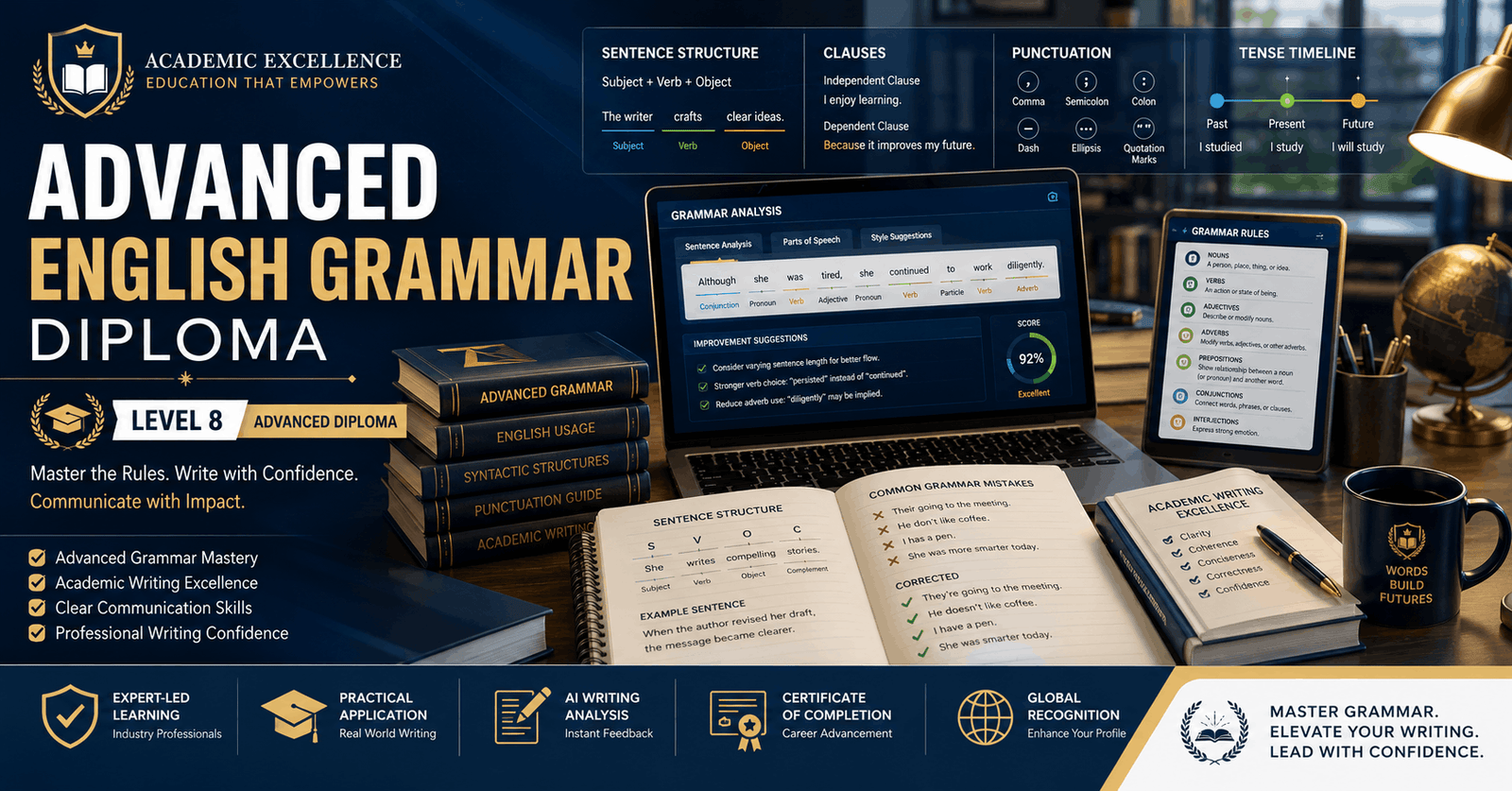 Professional advanced English grammar course banner showing writing, sentence structure, and language learning concepts