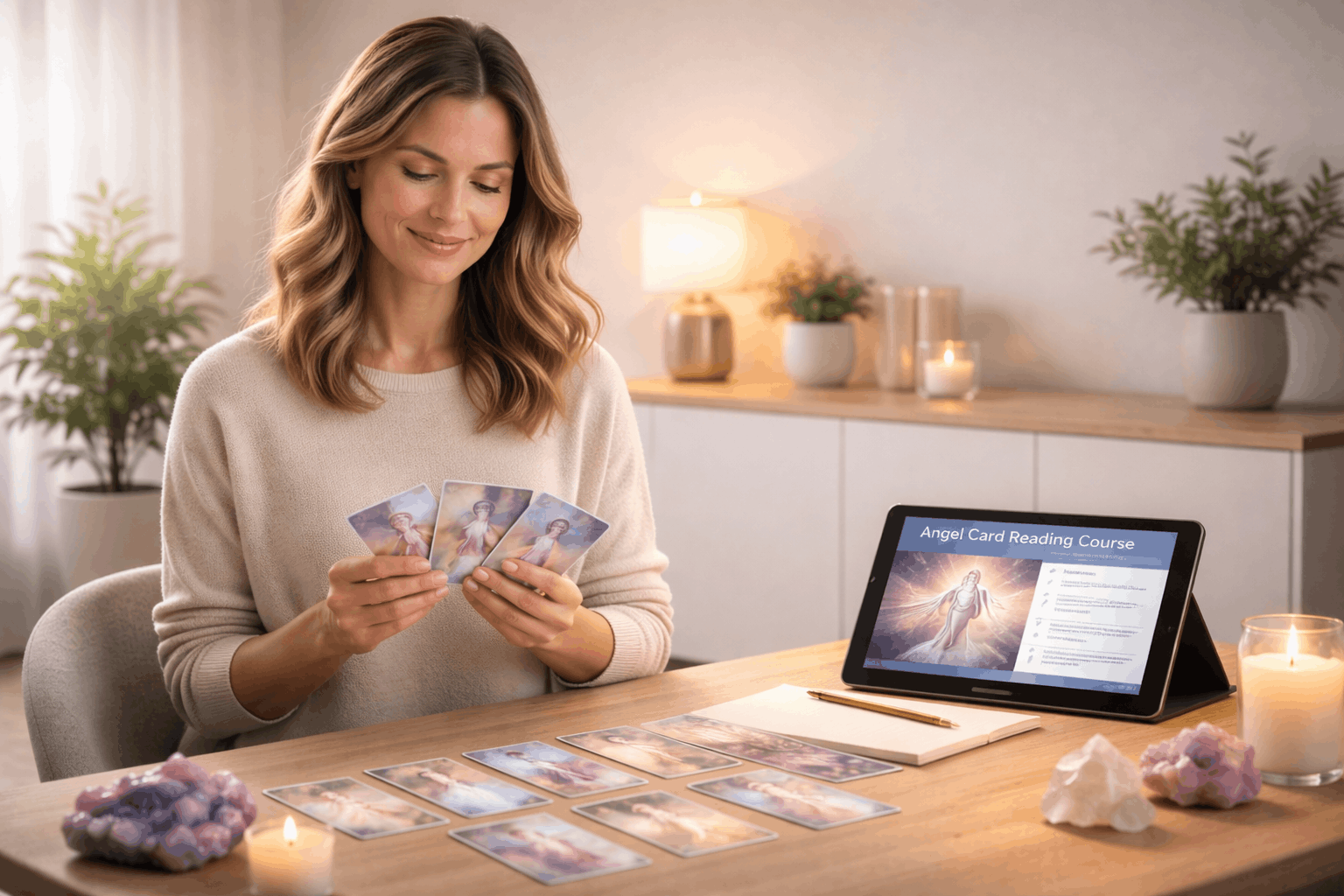 Angel Card Reading course showing learner using oracle cards in a calm coaching environment with mindful meditation setup