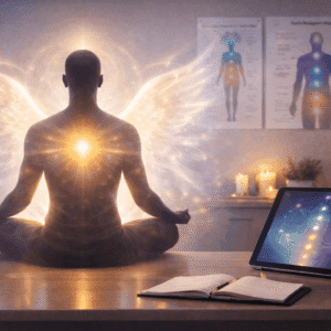 Angelic Healing Certification training showing aura energy field and spiritual protection meditation in a wellness setting
