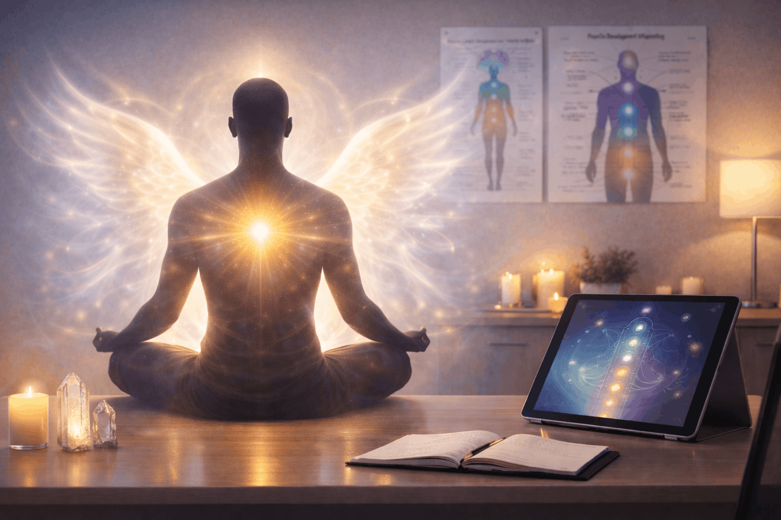 Angelic Healing Certification training showing aura energy field and spiritual protection meditation in a wellness setting
