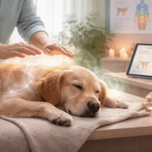 Animal Reiki Certification training showing energy healing interaction between a therapist and a calm companion animal