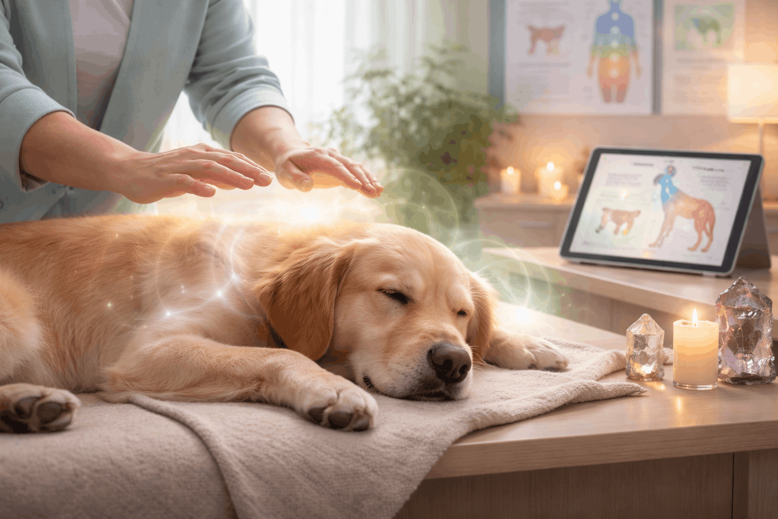 Animal Reiki Certification training showing energy healing interaction between a therapist and a calm companion animal