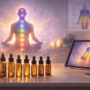Aromatherapy Certification training with essential oils used for chakra balance in a complementary wellness setting