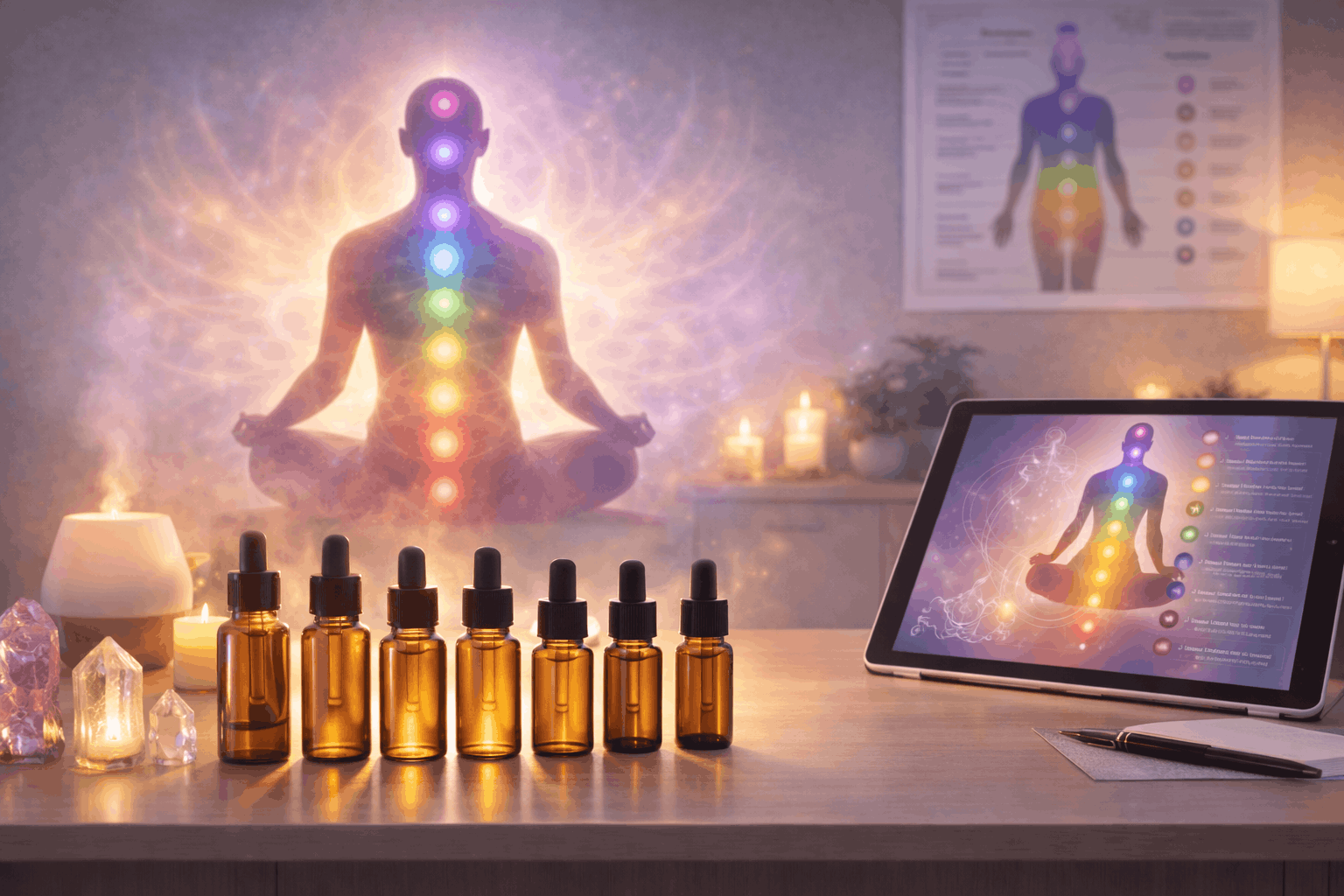 Aromatherapy Certification training with essential oils used for chakra balance in a complementary wellness setting