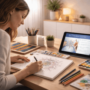 Art therapy course showing learner creating expressive drawings in a calm reflective learning environment