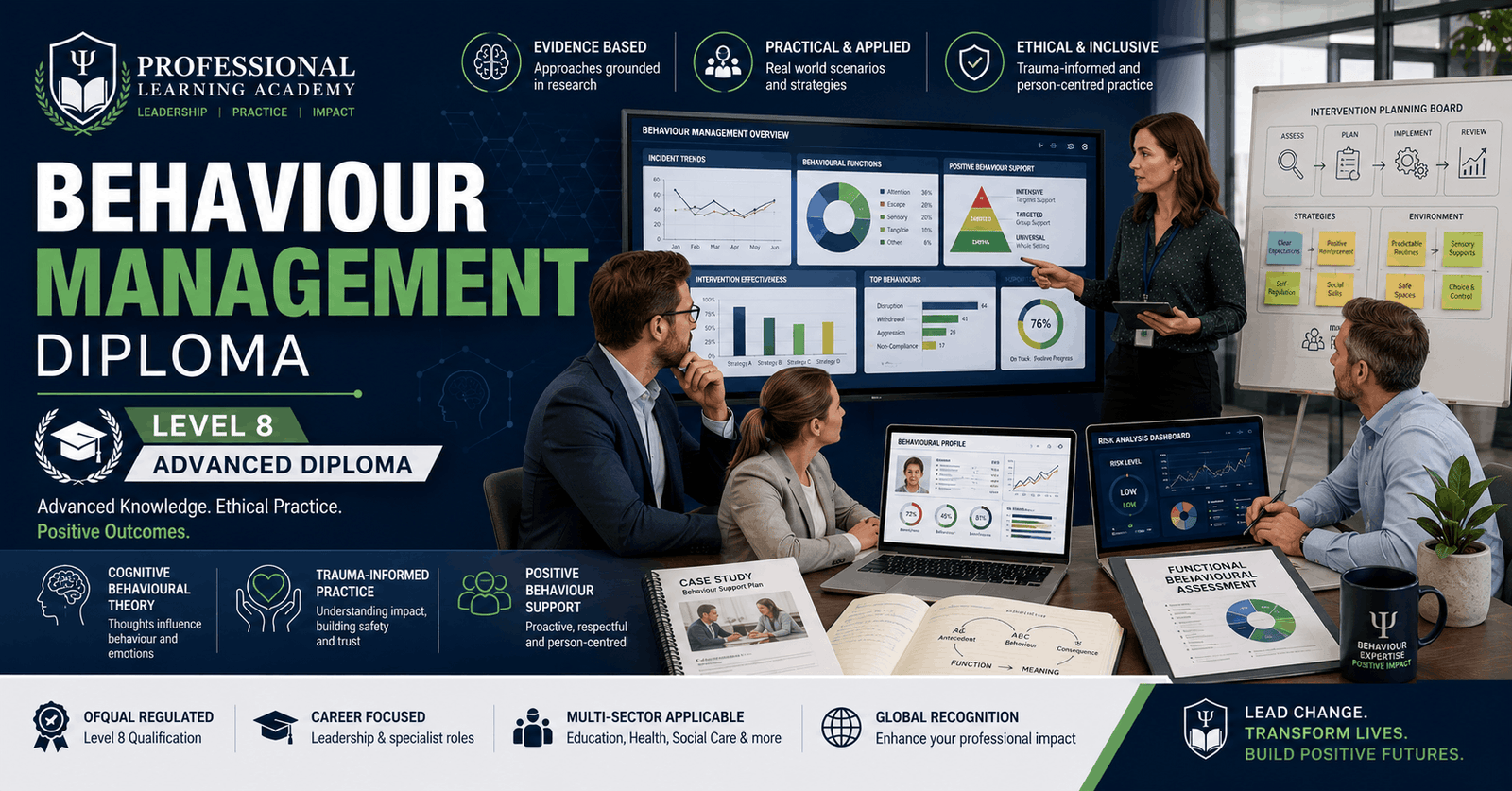 Professional behaviour management course banner showing psychology, classroom support, and behavioural analysis concepts