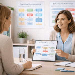 Tutor explaining CBT Therapy Course cognitive restructuring techniques in a calm professional training environment.