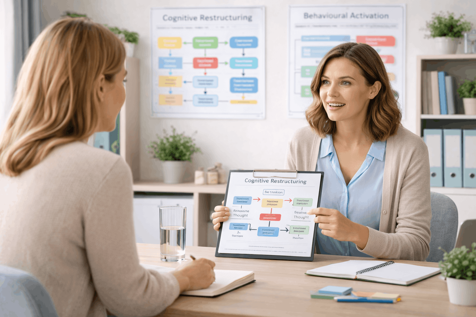 Tutor explaining CBT Therapy Course cognitive restructuring techniques in a calm professional training environment.