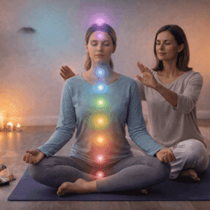 Practitioner performing meditation and energy alignment in a Chakra Healing Course holistic therapy setting