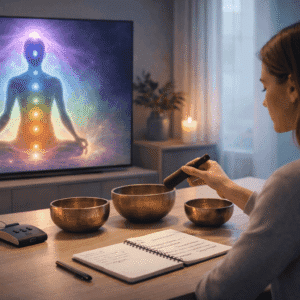 Chakra music therapy training session using sound techniques and energy balance practices in a calm learning studio