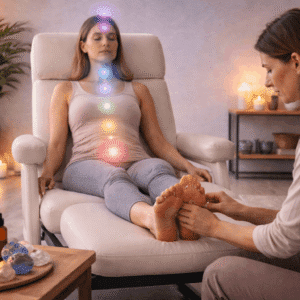 Practitioner applying reflex point therapy in a Chakra Reflexology Course holistic wellness session