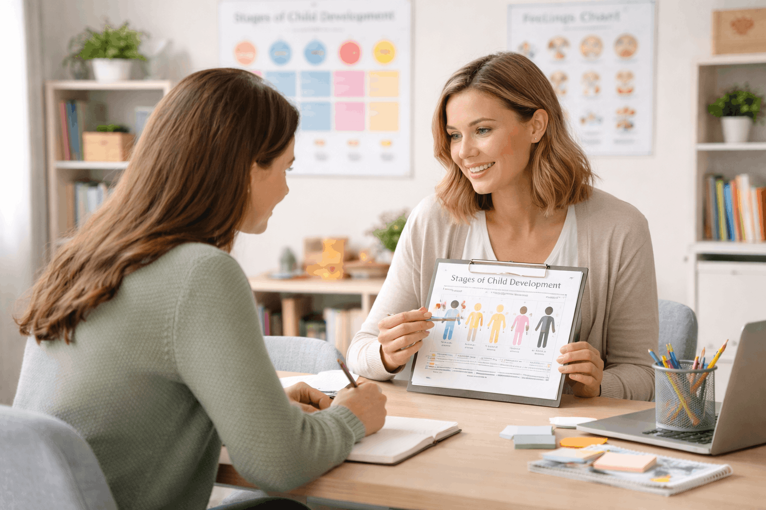Tutor guiding a learner in a Child Psychology Course using child development support materials in a calm training setting.