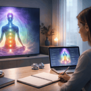Professional clairvoyant aura reading training session showing chakra energy visualisation and intuitive perception techniques