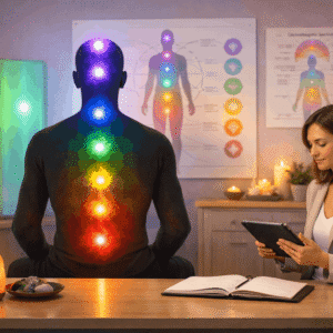 Professional Color Therapy Certification training showing chakra alignment using coloured light energy healing techniques