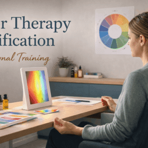 Learner applying colour therapy techniques using light spectrum tools during color therapy certification training