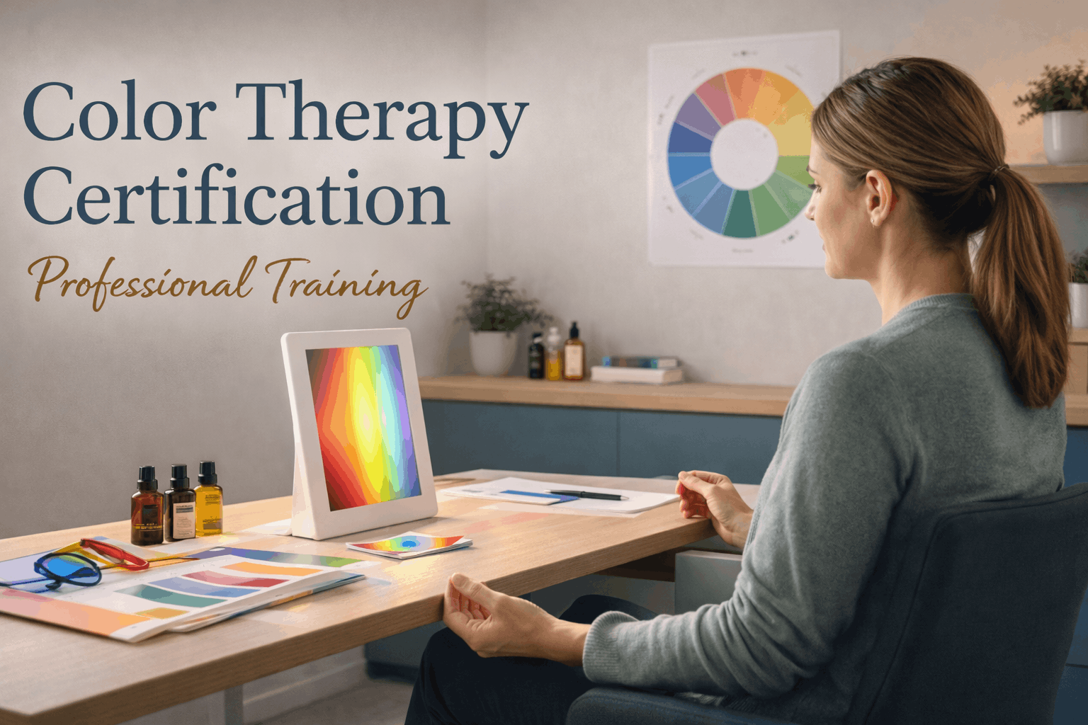 Learner applying colour therapy techniques using light spectrum tools during color therapy certification training