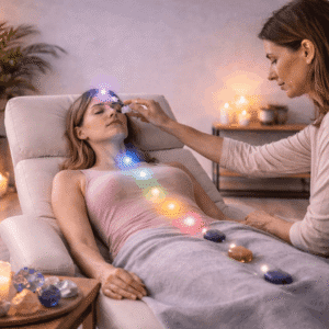Practitioner using crystals for chakra balancing in a Crystal Healing Course wellness session