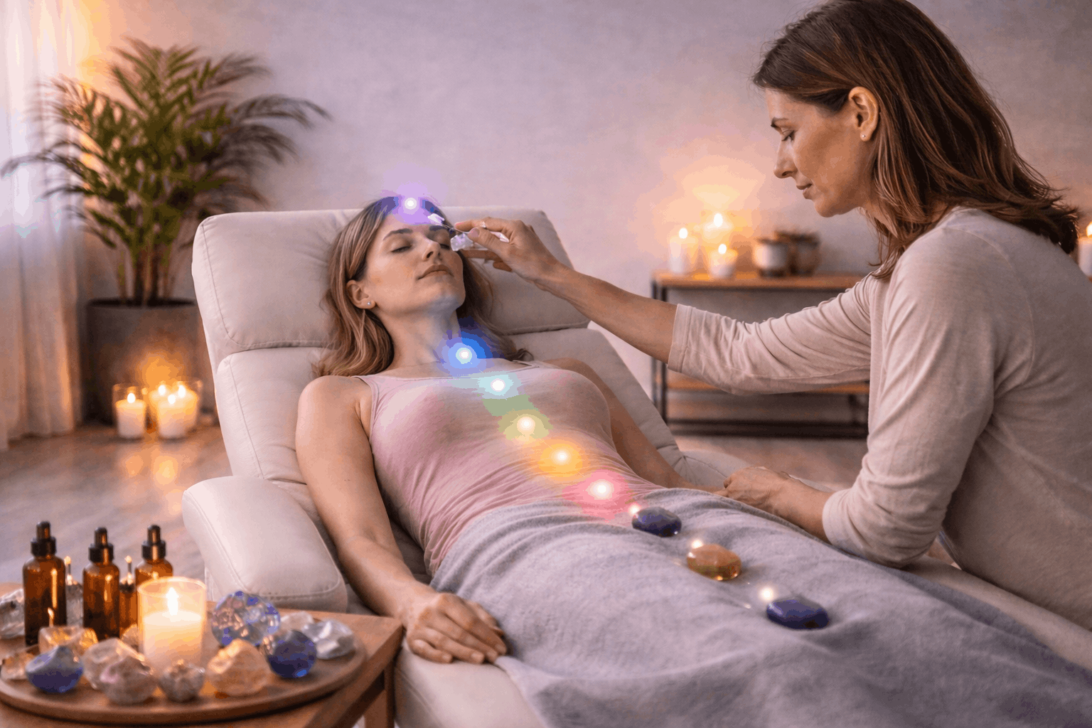 Practitioner using crystals for chakra balancing in a Crystal Healing Course wellness session
