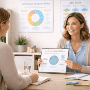 Tutor explaining DBT Therapy Course emotion regulation techniques in a calm professional mental health training setting.