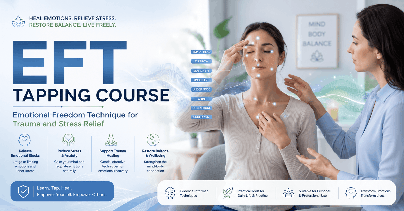 EFT Tapping Course banner showing emotional healing and stress relief techniques in a calm wellness setting