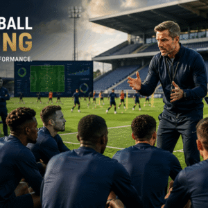 Elite football coaching session with a professional coach directing players and analysing tactics at a modern stadium.