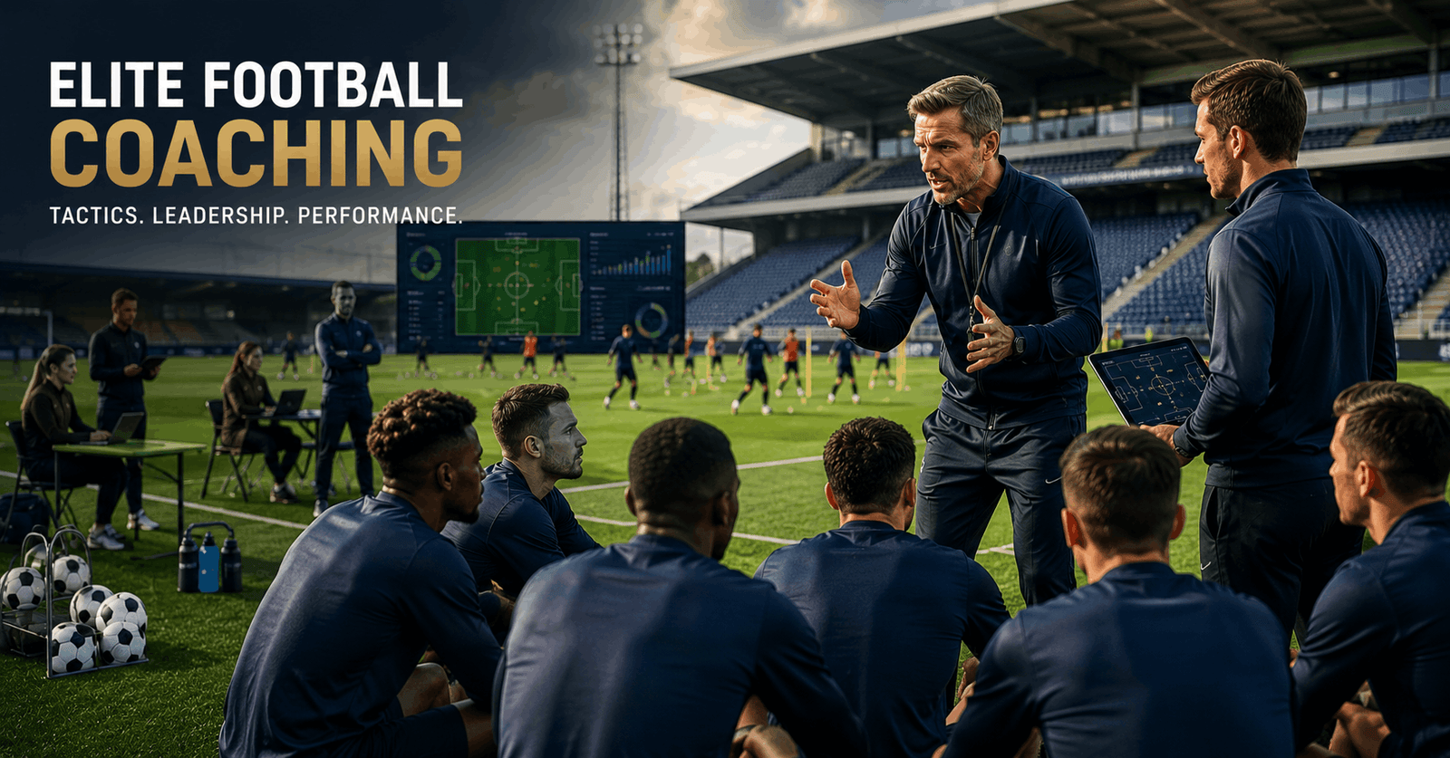 Elite football coaching session with a professional coach directing players and analysing tactics at a modern stadium.