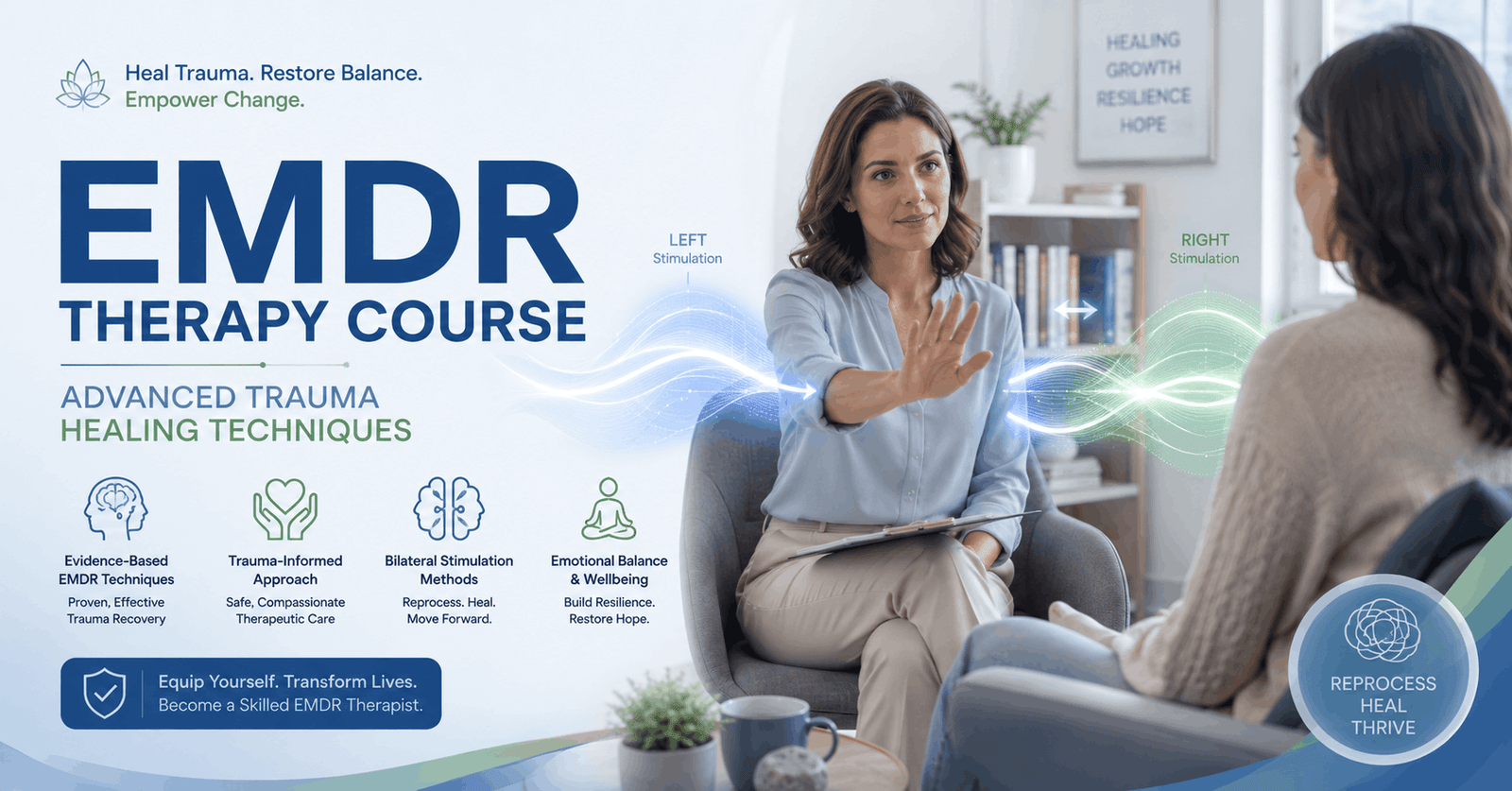 EMDR Therapy Course banner showing therapist supporting trauma healing in a calm clinical setting