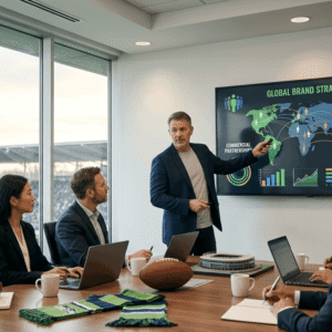 Football brand management team planning global marketing, fan engagement, sponsorship and commercial growth.