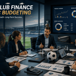 Football club finance meeting with executives analysing budgets, revenue streams and financial reports.