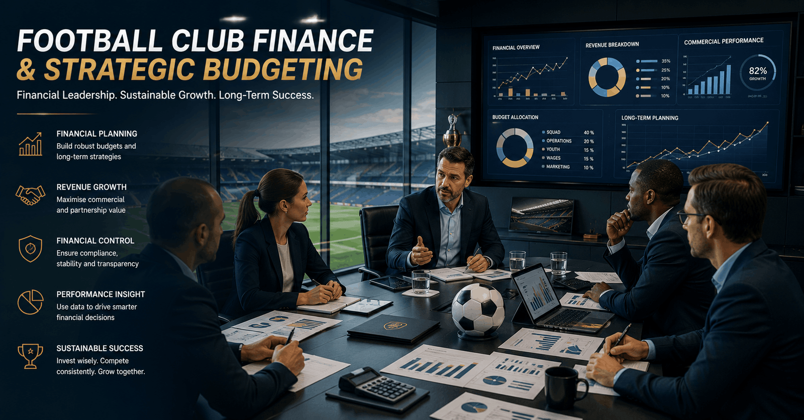 Football club finance meeting with executives analysing budgets, revenue streams and financial reports.