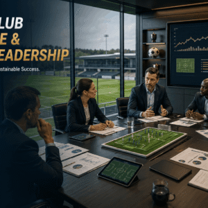 Football club governance meeting with directors discussing boardroom strategy, finance and long-term club planning.