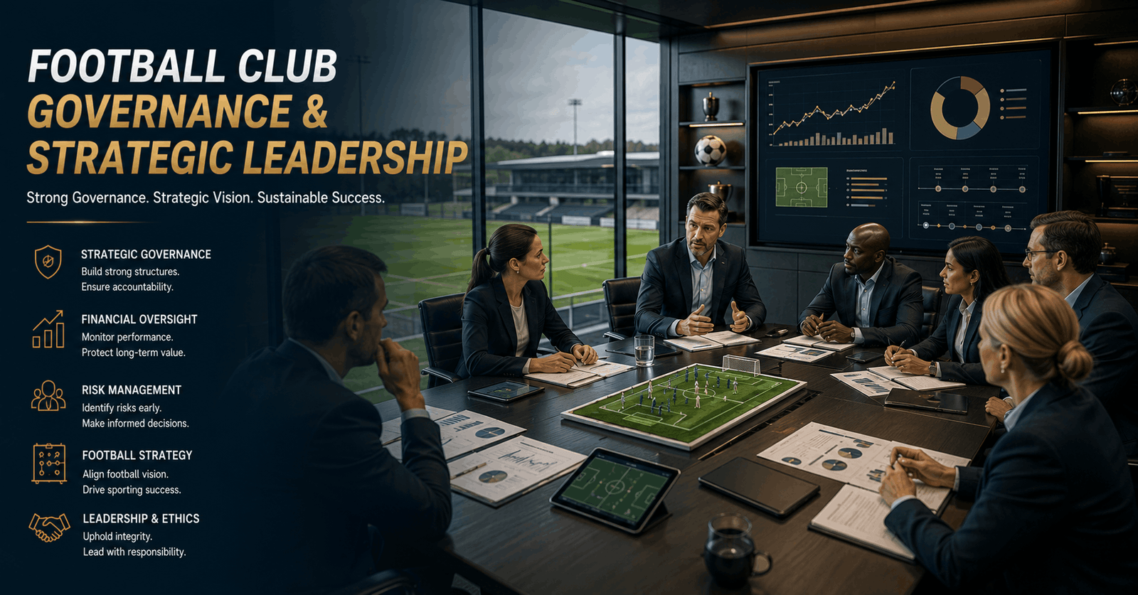 Football club governance meeting with directors discussing boardroom strategy, finance and long-term club planning.