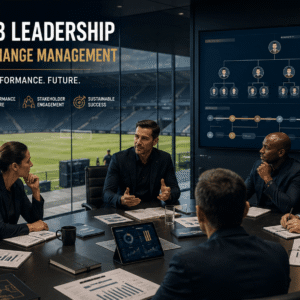 Football club leadership meeting with senior executives discussing strategy, performance and organisational change.
