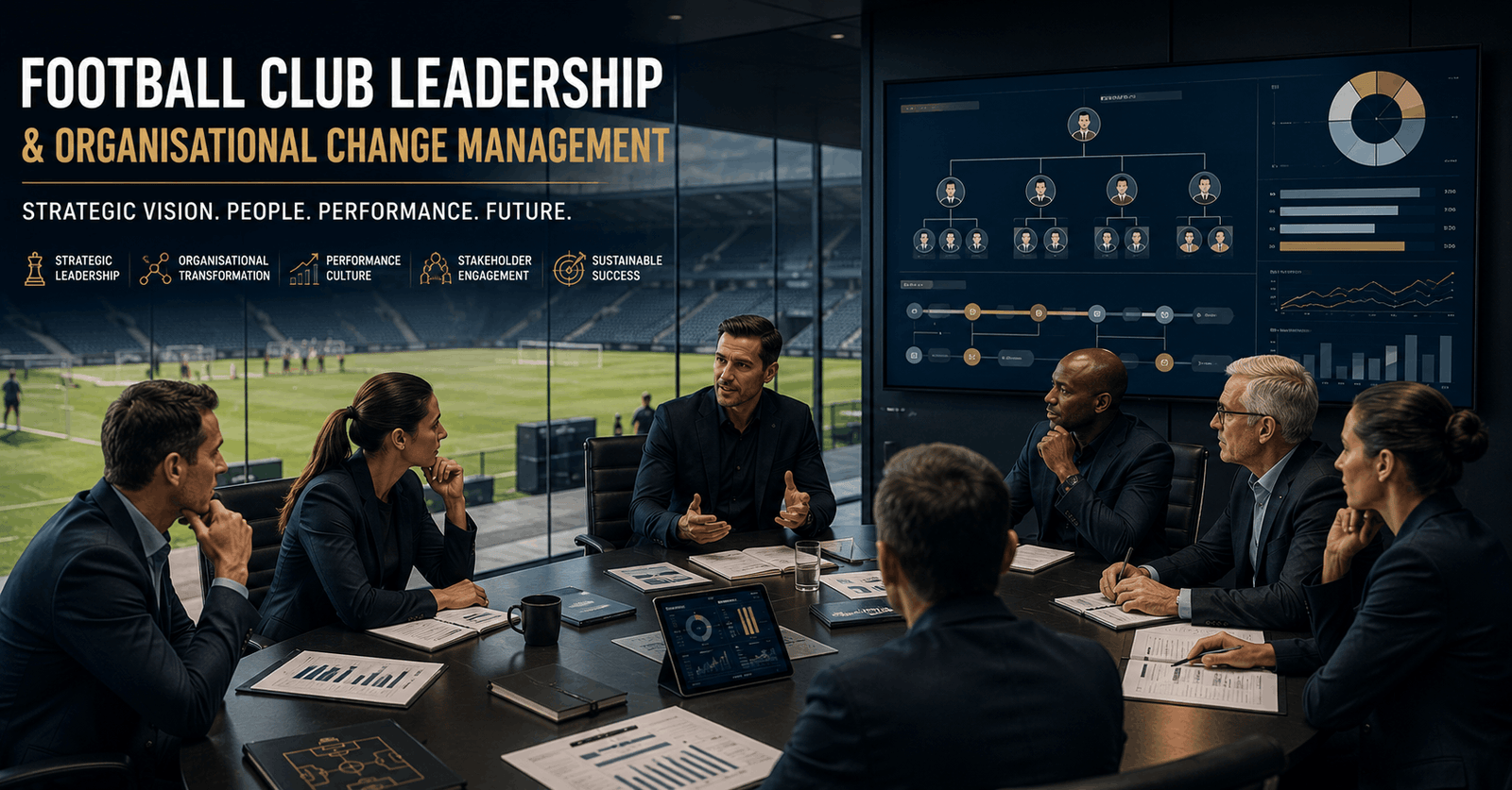 Football club leadership meeting with senior executives discussing strategy, performance and organisational change.