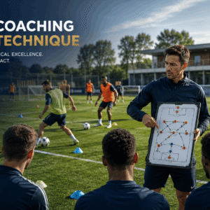 Football coaching course showing a coach leading tactical instruction and technical skill training on a professional pitch.