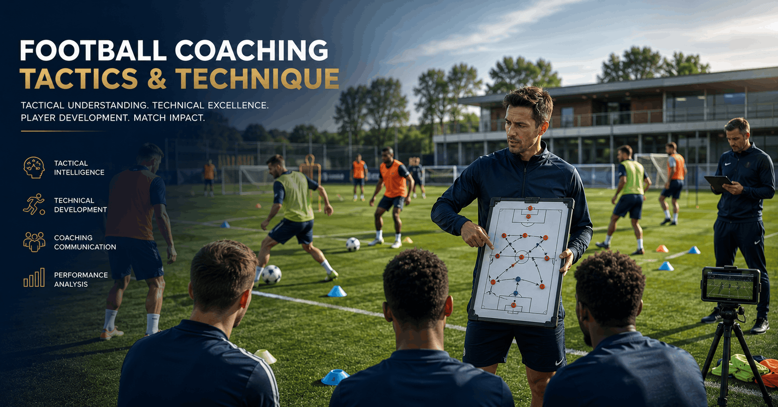 Football coaching course showing a coach leading tactical instruction and technical skill training on a professional pitch.