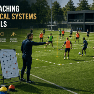 Football coaching drills session with a coach directing tactical player movements and team shape on a training pitch.