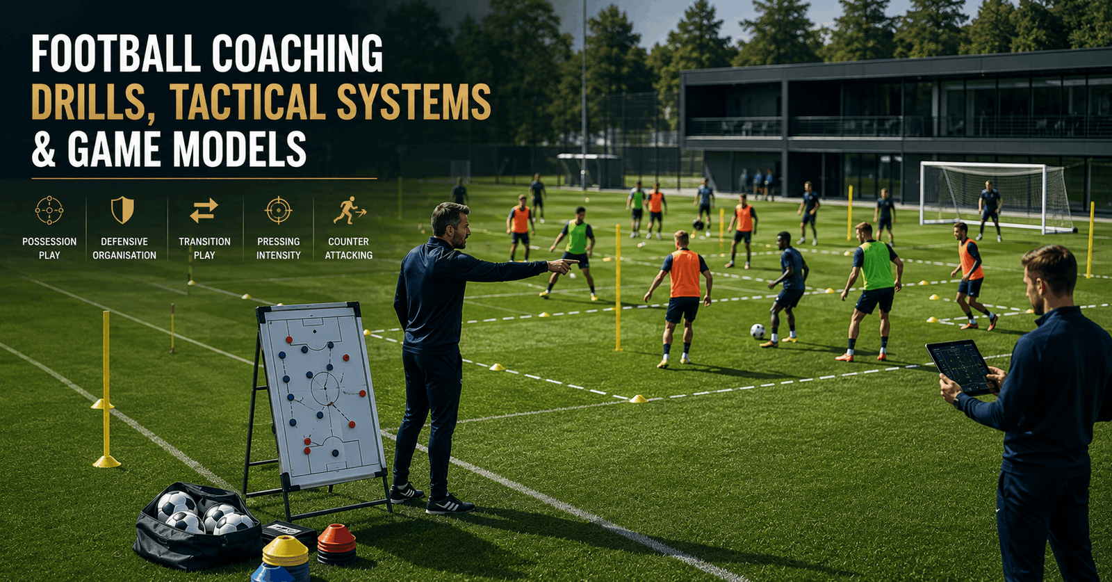 Football coaching drills session with a coach directing tactical player movements and team shape on a training pitch.