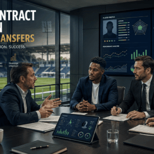 Football contract negotiation meeting with club executives reviewing a player transfer agreement and performance data.