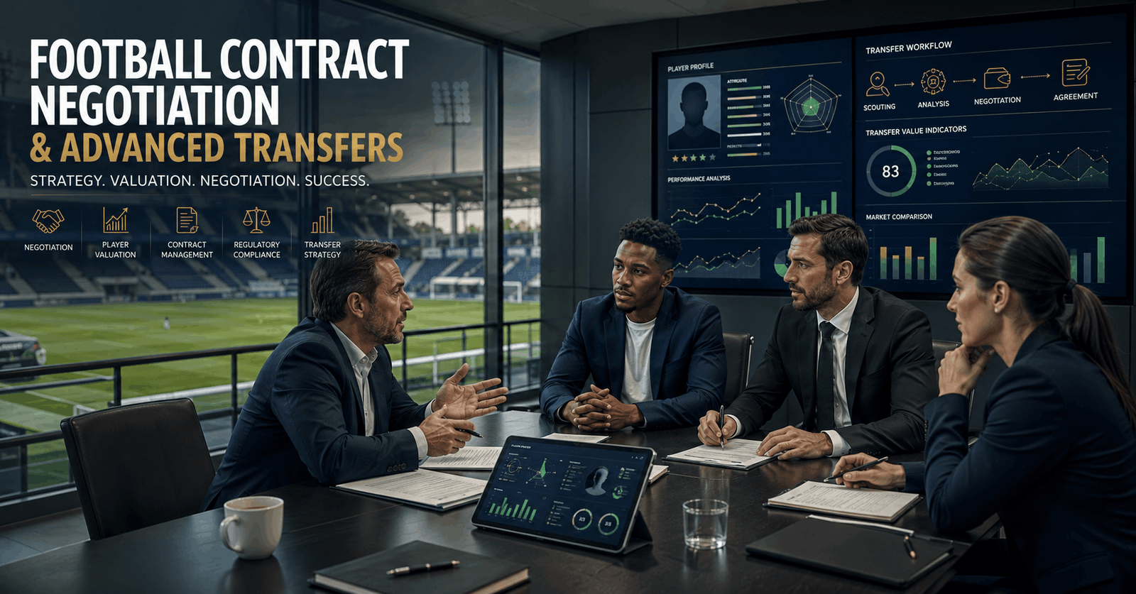 Football contract negotiation meeting with club executives reviewing a player transfer agreement and performance data.