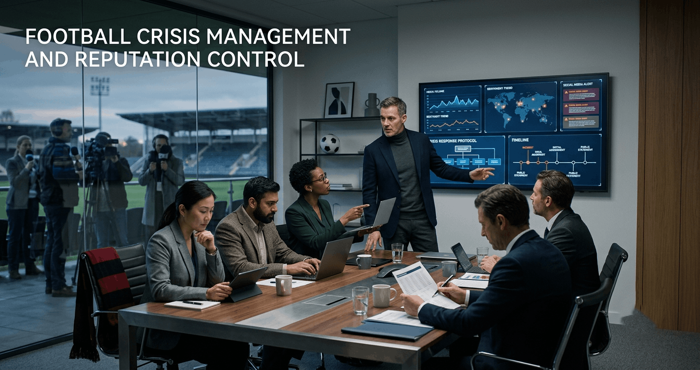 Football crisis management team handling media pressure, reputation risks and an urgent club response strategy.