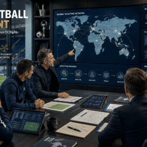 Football scouting networks meeting with scouts analysing international player data and recruitment reports.