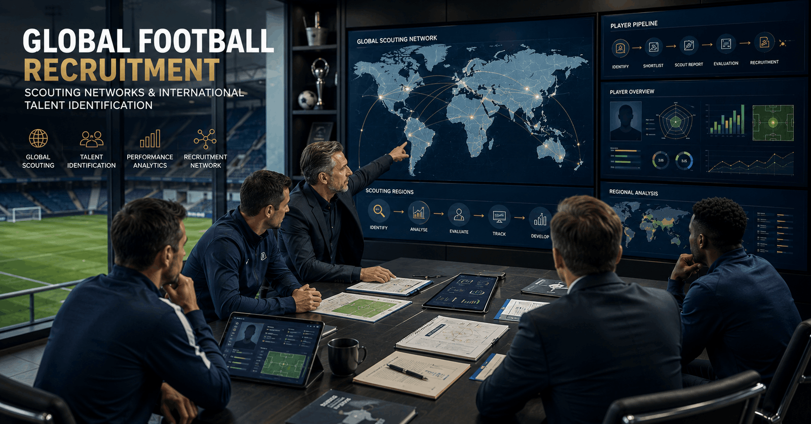 Football scouting networks meeting with scouts analysing international player data and recruitment reports.