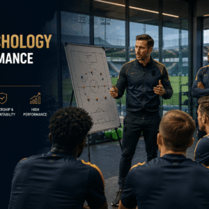 Football sports psychology session with a director guiding players on mindset, leadership and high-performance culture.