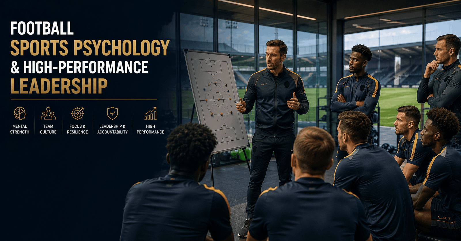 Football sports psychology session with a director guiding players on mindset, leadership and high-performance culture.