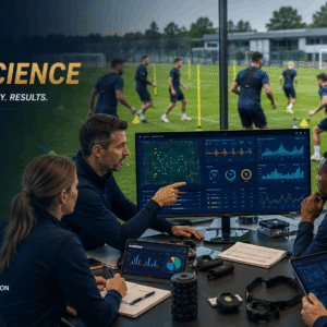 Football sports science team analysing player fitness, GPS tracking and performance data at a professional training ground.