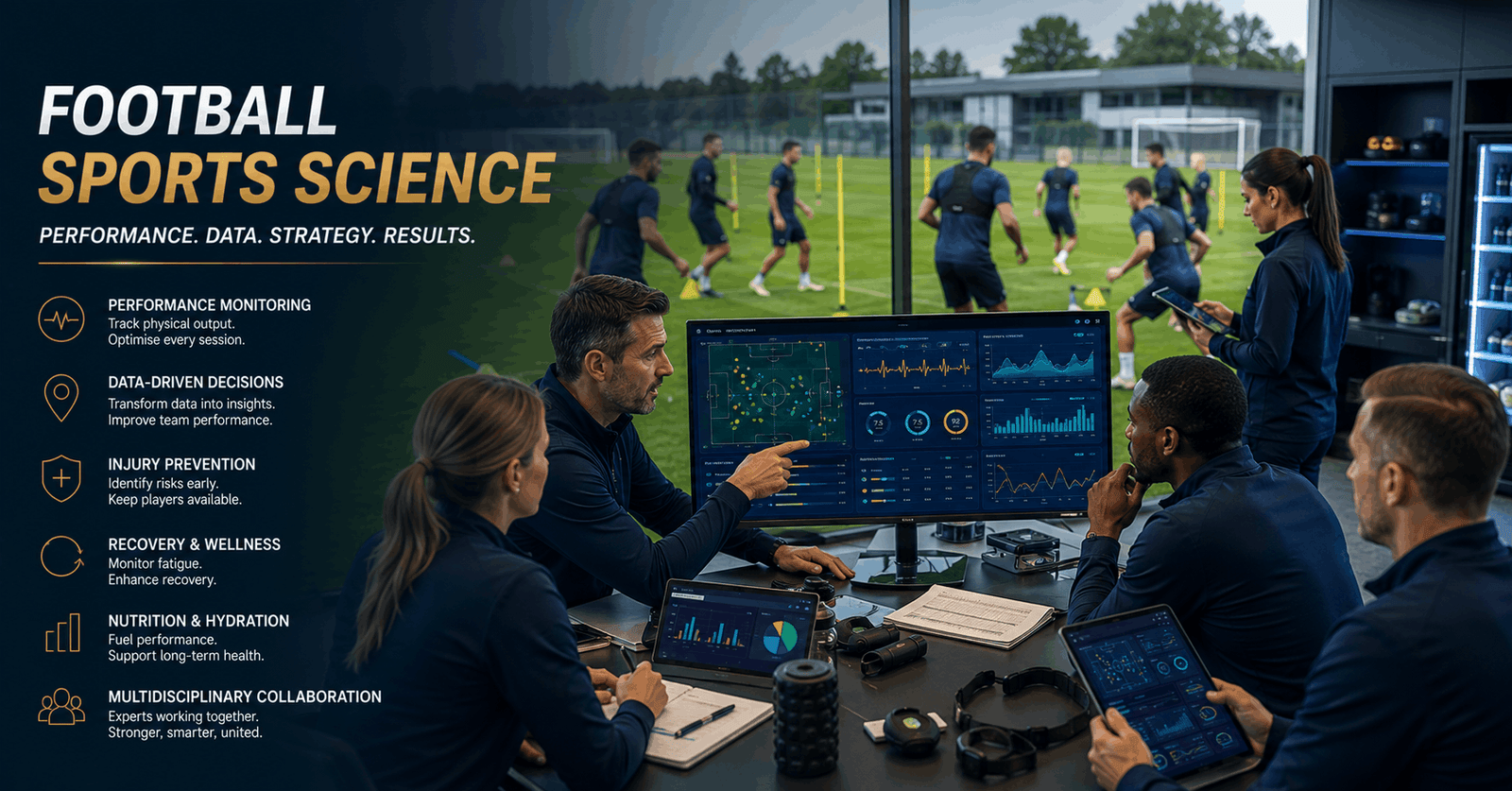 Football sports science team analysing player fitness, GPS tracking and performance data at a professional training ground.