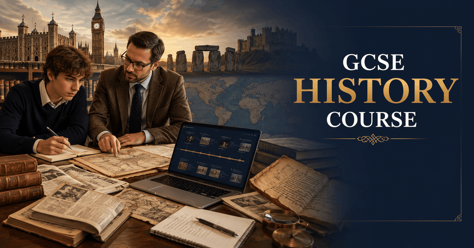 Student studying British and world history with historical books, maps and artefacts in the GCSE History Course.
