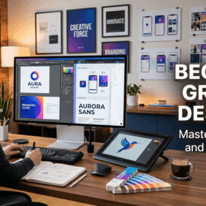 Graphic design course showing designer working on creative branding, digital design, and visual projects using modern design tools