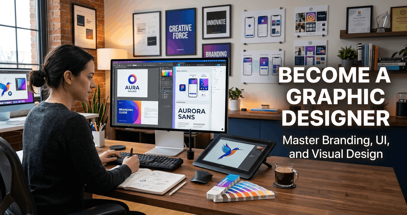 Graphic design course showing designer working on creative branding, digital design, and visual projects using modern design tools